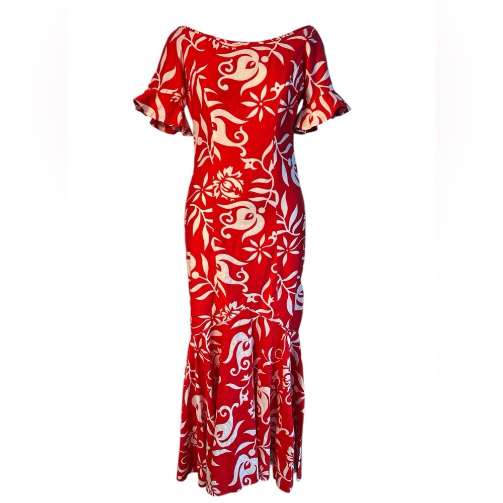 50s-60’s Paradise Hawaii floral short sleeve mermaid dress red white small